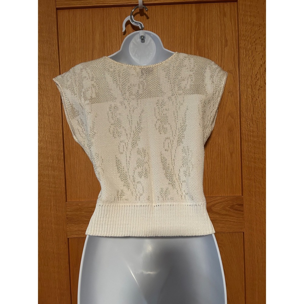 Vintage 90s Gold Cream Floral Knit Cropped Sweater Women's Top Grandmacore - Picture 4 of 7